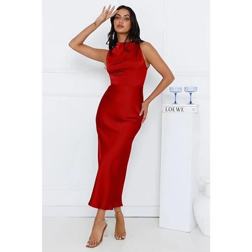 Memoriesea Women's Sexy Sleeveless Cowl Neck Flowy A Line Party Cocktail Midi Dr - Picture 6 of 6